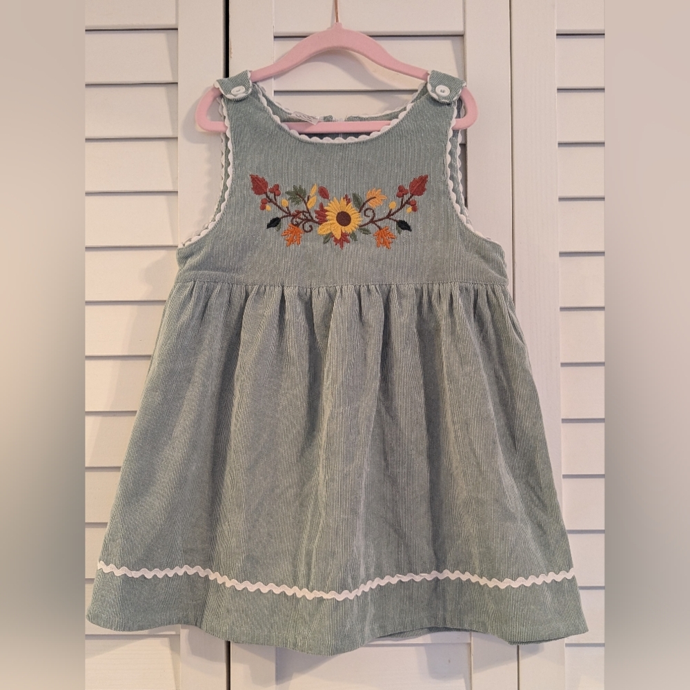 Girls Sunflower Fall Leaves Embroidered Green Corduroy Sleeveless Dress
